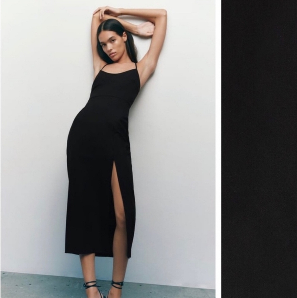 Zara Black Sheath Midi Dress Cross Strap Women's Small - Picture 2 of 13
